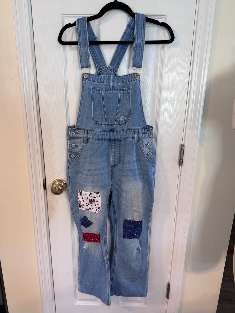 Upcycled Patriotic Patchwork Denim Overalls Small USA Flag Distressed Festival